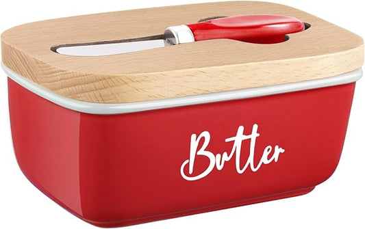 ALELION Red Butter Dish with Lid and Knife for Countertop, Ceramic Butter Container with Beech Wood Lid, Airtight Butter Keeper for Counter, for Red Kitchen Decor and Accessories