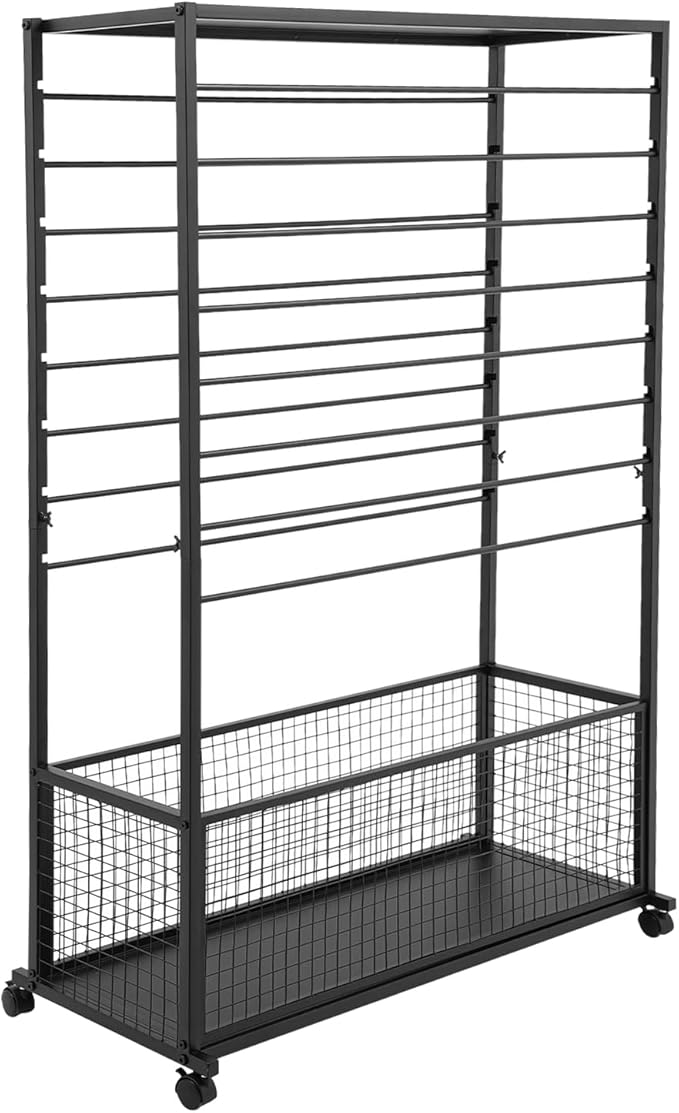 16 Tier Ribbon Holder Organizer Rack, Metal Double-Sided Ribbon Spool Storage Shelf with Wheels, Rolling Flower Wrapping Paper Storage Stand for Craft Room Flower Shop Gift Wrapping(Wider, Black)