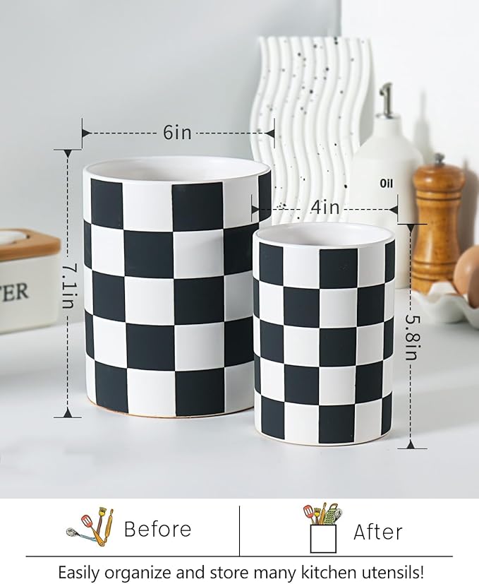 Checkered Kitchen Utensil Holder - 7.1"+5.8" Ceramic Utensil Crock for Countertop, Kitchen Decor and Accessories for counte (Black)