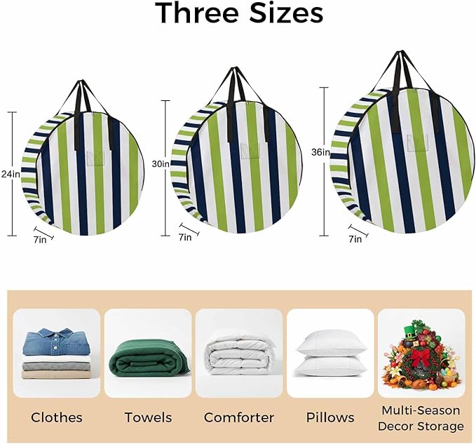 Storage Bag Navy Blue Green Stripes Round Storage Totes Bins Closet Organizers with Zippers & Handle Contrast Striped Clothes Storage Container for Bedroom Dorm Space Saving Packing Supplies Bags