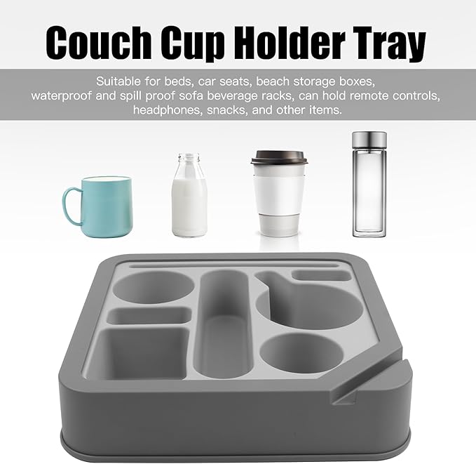 Heavyrain Couch Remote Holder Caddy Cup Holder Tray for Couch and Bed - Spill-Proof Armrest Organizer with Removable Divider, Perfect for Gaming, Movie Night, Remote Control, Snack & Phone Storage