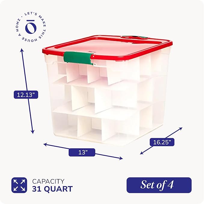 HOMZ 4-Pack Holiday Tote, Clear Plastic Storage Bins w/ Lids & Dividers, 31 Quart, Red - Stackable Organizing Containers for Home, Garage, and Office