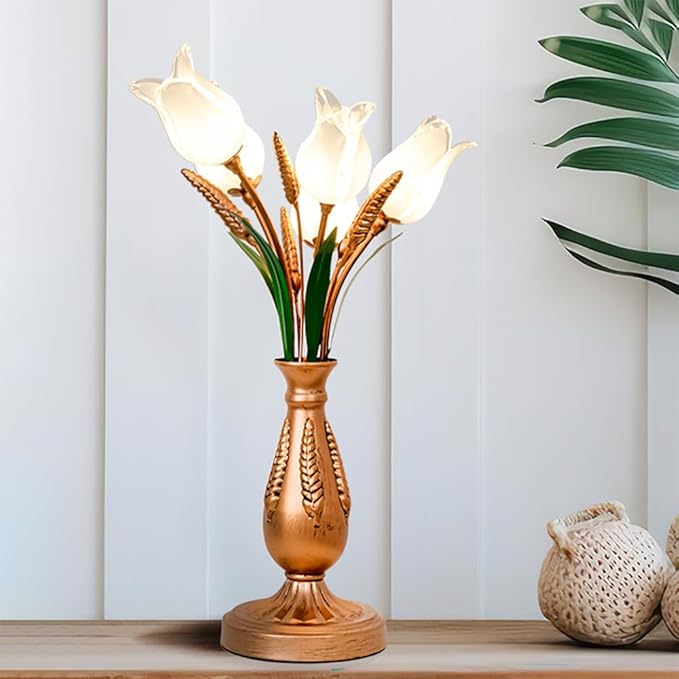Skyblaze Classic Style Table Lamp with Flower Glass Shade, Elegant Flower Night Light, Art Deco Accent Table Lamp for Bedroom Living Room (White, 5 Lights)