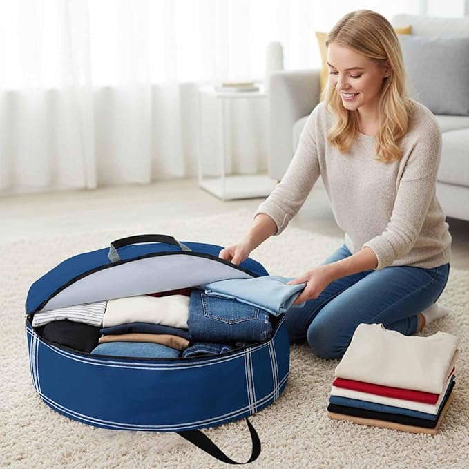 Solid Color Round Storage Bag 30 Inch, Navy Blue Clothes Storage Container with Handles Heavy Duty Organizer for Comforter, Bedding & Holiday Wreaths