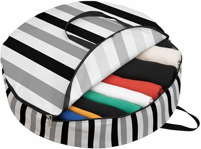 Storage Bag Black Gray Stripes Round Storage Totes Bins Closet Organizers with Zippers & Handle Contrast Striped Clothes Storage Container for Bedroom Dorm Space Saving Packing Supplies Moving Bags