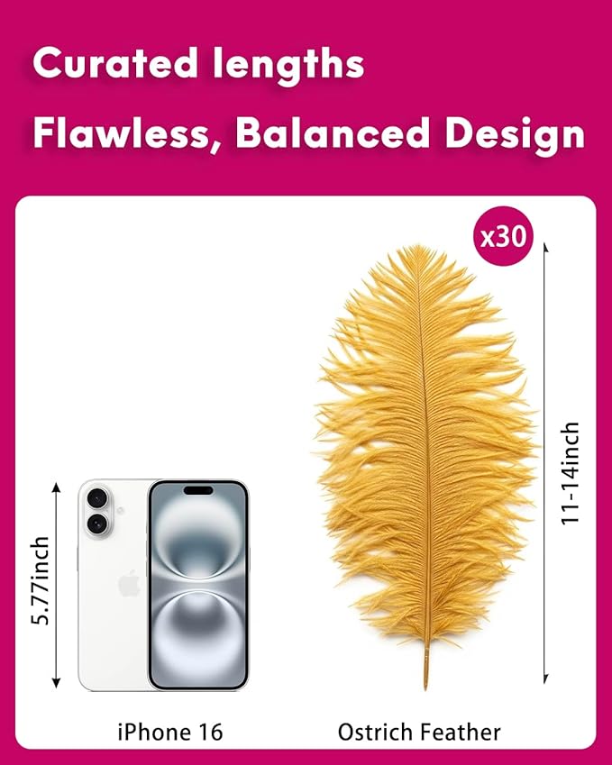 30pcs Gold Ostrich Feathers Natural Bulk 11-14inch(28-35cm) Vase Craft Wedding Home Party Centerpieces Christmas Day Decoration