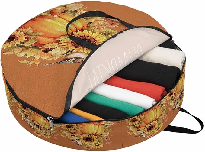 Hello Pumpkin Round Storage Bag 30 Inch, Thanksgiving Retro Sunflowers Clothes Storage Container with Handles Heavy Duty Organizer for Comforter, Bedding & Holiday Wreaths
