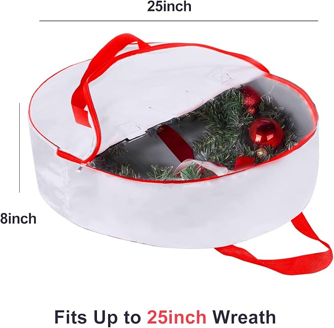 Christmas Wreath Storage Bag 25inch -Large Christmas Wreath Storage Container-Durable Oxford Fabric, Dual Zippered, Easy to Slip the Wreath in & Out, Protect Wreath Garlands from Dust-White,Pack of 2