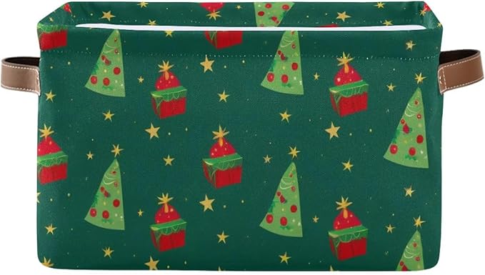 Christmas Storage Basket, Collapsible Canvas Box with Green Tree Pattern, 14.2x10.2x8.3 Inches, Decorative Organizer for Bedroom Storage with Leather Handles