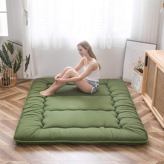 MAXYOYO Japanese Floor Mattress Futon Mattress, Thicken Sleeping Pad Foldable Roll Up Floor Futon for Adults Tatami Mat Dormitory Lounger, Green, Full Size