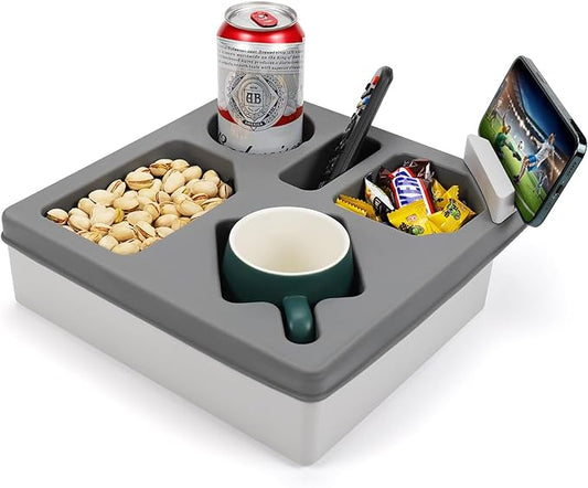 Couch Cup Holder Tray, Silicone Sofa Couch Caddy for Bed Car Seat Beach Organizer, Waterproof Cup Holder with Phone Stand for TV Remote, Snacks, Drinks, Cellphone (Grey)