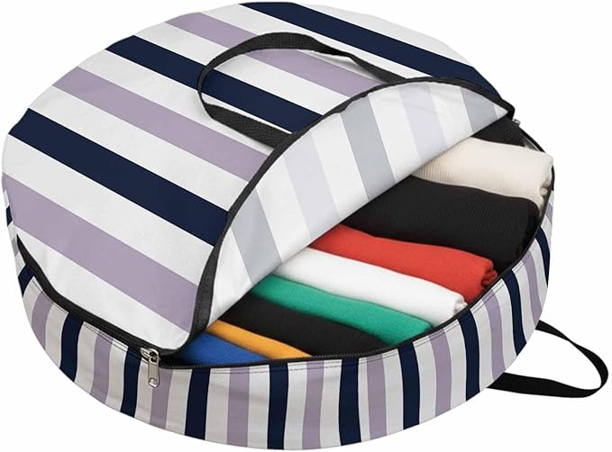 Storage Bag Navy Blue Purple Stripes Round Storage Totes Bins Closet Organizers with Zippers & Handle Contrast Striped Clothes Storage Container for Bedroom Dorm Space Saving Packing Supplies Bags