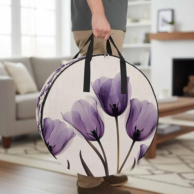 Spring Purple Round Storage Bag 36 Inch, Flowers X-ray Image of Tulips Floral Retro Clothes Storage Container with Handles Heavy Duty Organizer for Comforter, Bedding & Holiday Wreaths