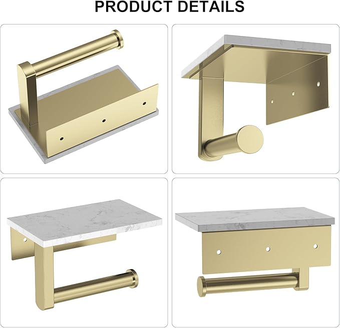 Brushed Gold Toilet Paper Holder with Marble Shelf, 304 Stainless Steel Tissue Hand Holder Wall Mounted Toilet Paper Roll Hold with Phone Shelf for Bathroom Kitchen Washroom Bedroom