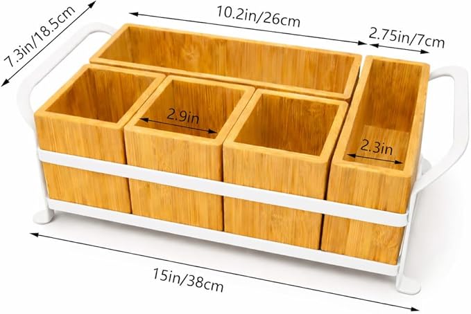 Bamboo Utensil Caddy with Handle - 5 Compartment Silverware Holder for Party & Kitchen Countertop - Removable Wooden Flatware Organizer for Picnic, BBQ, Buffet, RV & Outdoor Dining