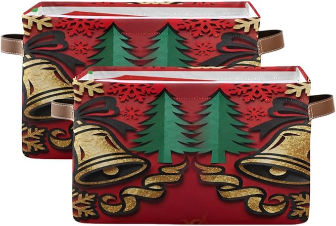 Christmas Storage Basket, Collapsible Canvas Organizer with Festive Bells Pattern, 14.2x10.2x8.3 Inches, Red Holiday Design with Leather Handles, for Bedroom Storage