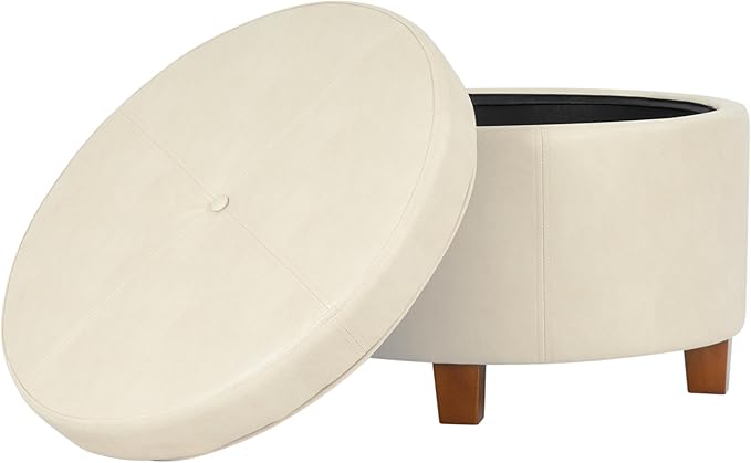 HomePop Round Leatherette Storage Ottoman with Lid, Ivory Large