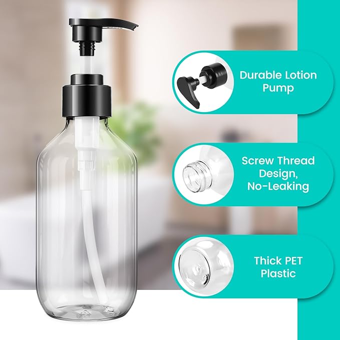 Teyssor Pump Bottle Dispenser Clear 2 Pack 400ml/13.5oz Empty Plastic Liquid Soap Dispensers, BPA-Free Refillable Container for Essential Oil Shampoo Lotion
