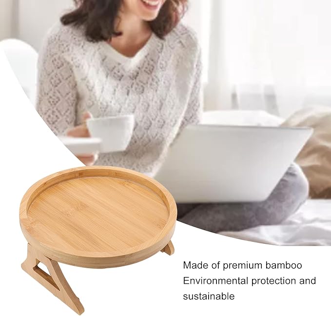 Tissting Wood Round Sofa Tray 9.65in x 4.72in - Clip on Side Table with Foldable Leg for Coffee, Tea, Snacks, Remote Controls, Living Room, Apartment, Dorm