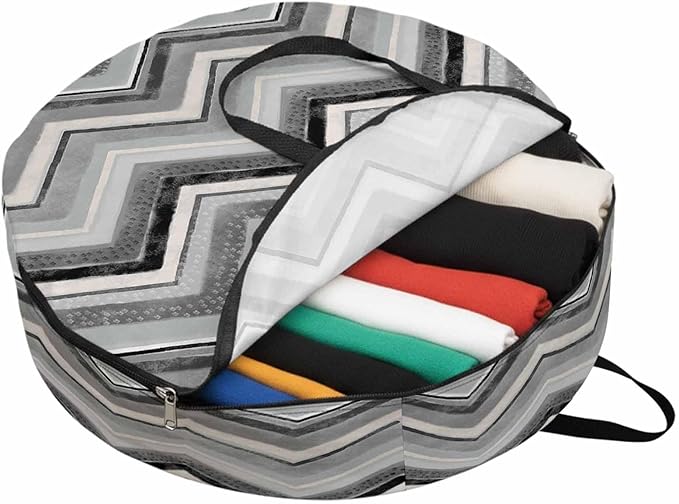 Storage Bag Grey Chevron Round Storage Totes Bins Closet Organizers with Zippers & Handle Geometric Design Stripe Clothes Storage Container for Bedroom Dorm Space Saving Packing Supplies Moving Bags