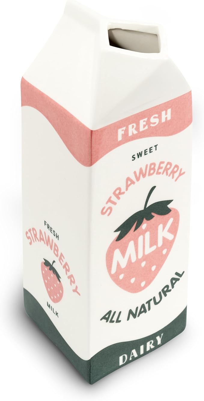Retro Strawberry Milk Carton vase –Vintage Inspired Kawaii Ceramic -Pink Strawberry Flower vase -Cute Accent Decor for Your Home Kitchen Office