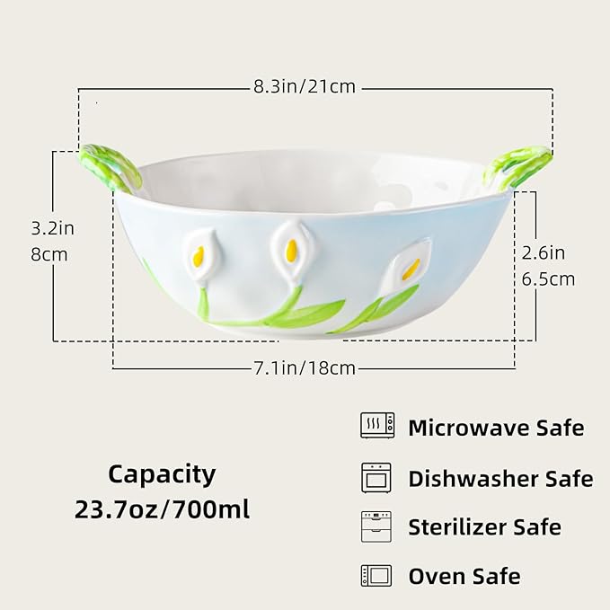 Ceramic Fruit Bowl with Handles, 3D Hand-Painted Calla Lily Floral Design Serving Bowl for Soup, Pasta, Salad and Snacks, 24oz, Microwave & Dishwasher Safe