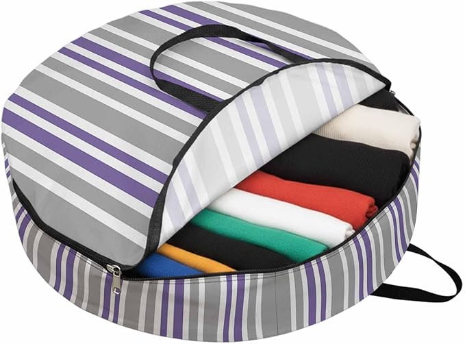 Storage Bag Purple Stripes Round Storage Totes Bins Closet Organizers with Zippers & Handle Grey Striped Lines Clothes Storage Container for Bedroom Dorm Space Saving Packing Supplies Moving Bags
