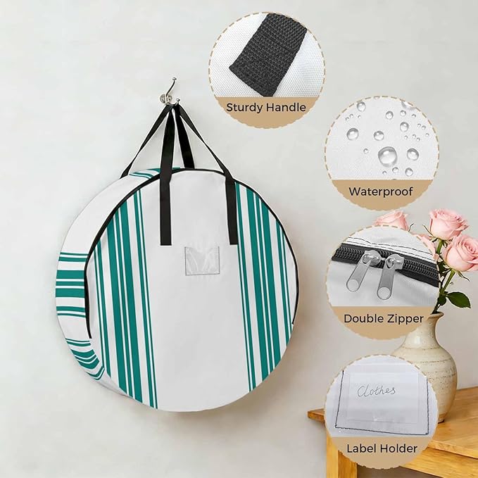 Storage Bag Teal Green Stripes Round Storage Totes Bins Closet Organizers with Zippers & Handle Simple Style Clothes Storage Container for Bedroom Dorm Space Saving Packing Supplies Moving Bags