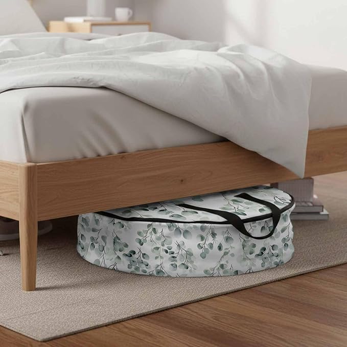 Spring Sage Round Storage Bag 30 Inch, Green Eucalyptus Plant Leaf Clothes Storage Container with Handles Heavy Duty Organizer for Comforter, Bedding & Holiday Wreaths