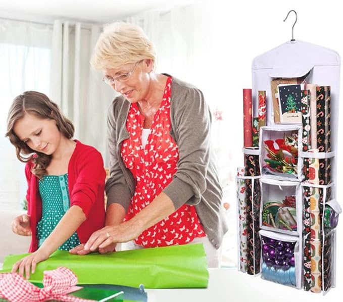 Christmas Wrapping Paper Organizer Large Capacity Wall Hanging Double-Sided Transparent with 10 Pockets Space-Saving Rear Door Gift Storage Bag with Zipper Home Decor 37.40x5.51 Inch.