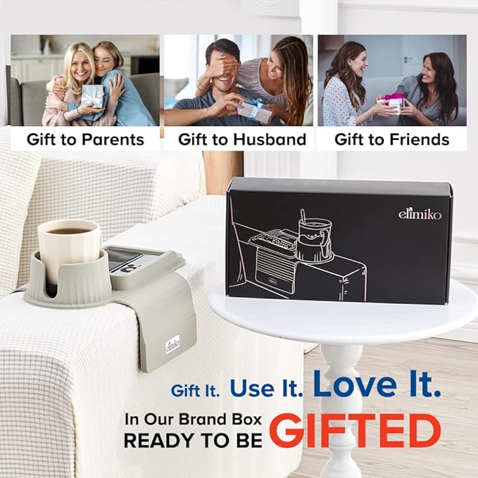 Couch Cup Holder Tray, Elimiko Silicone Sofa Drink Holder with Large Cup Holder and Tray, for Oversized Mugs/Long Remote/Snacks/Cellphone (Griege)