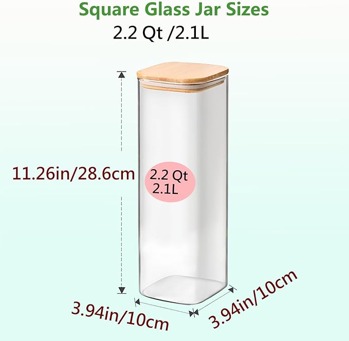 VIEWELLD 2.2 Qt Square Glass Storage Containers with Lids, Clear Food Storage Container Jar with Sealing Bamboo Lid Storage Containers for Pasta, Oats, Coffee, Flour, Sugar, Square Set-3Pack