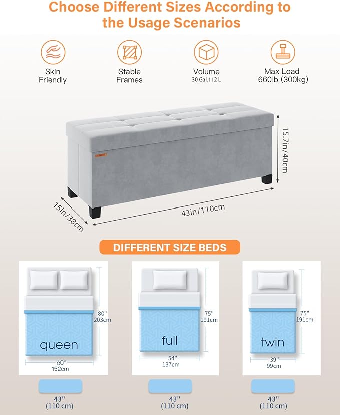ABHENG Foldable Storage Ottoman Bench, Velvet Footrest and Seat Cube with Feet, Storage Chest, for Living Room, Bedroom and Office, 15 x 43 x 15.7 Inches, Dove Gray, ASND24G