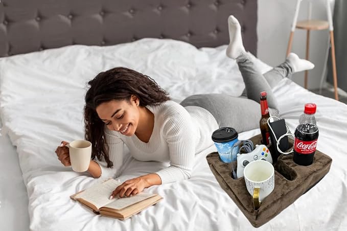 Couch and Bed Cup Holder Pillow, Sofa Refreshment Tray for Drinks/Remote Control/Snacks Holder (Brown)