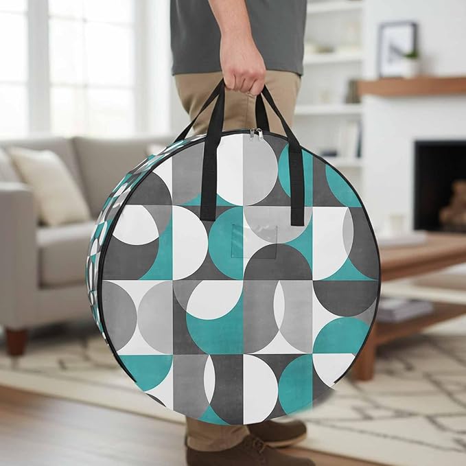 Storage Bag Mid Century Geometric Round Storage Totes Bins Closet Organizers with Zippers & Handle Abstract Modern Teal Clothes Storage Container for Bedroom Dorm Space Saving Packing Supplies Bags