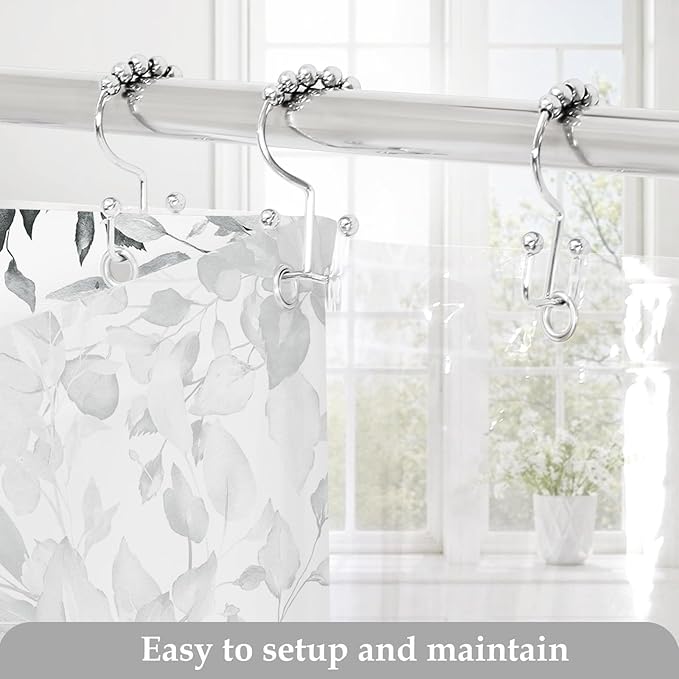 Gibelle 3 in 1 Shower Curtain Set, 72x72 Grey Eucalyptus Bath Curtain and PEVA Liner Set with 12 Metal Hooks, Waterproof Fabric Bathroom Curtain