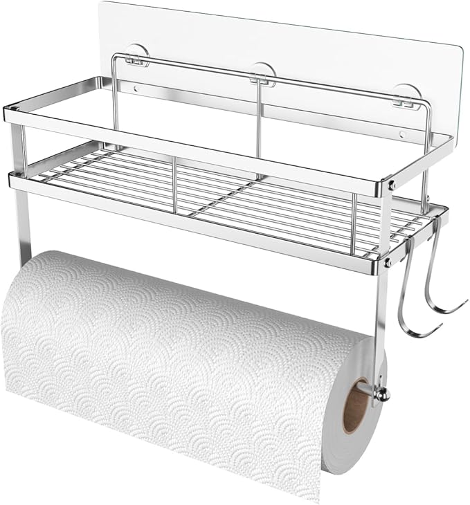ESOW Paper Towel Holder with Shelf Storage, Adhesive Wall Mount 2-in-1 Basket Organizer for Kitchen & Bathroom, Durable Metal Wire Design, Stainless Steel 304 Brushed Nickel Finish