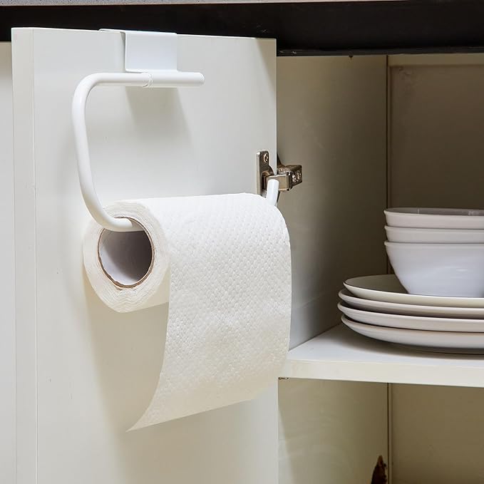 Yaocom 12.4 Inches Cabinet Door Paper Towel Holder Camper Under Sink No Drilling Paper Towel Storage and Dispenser for RV Kitchen Bathroom Laundry Room, Stainless Steel(White,2 Pcs)