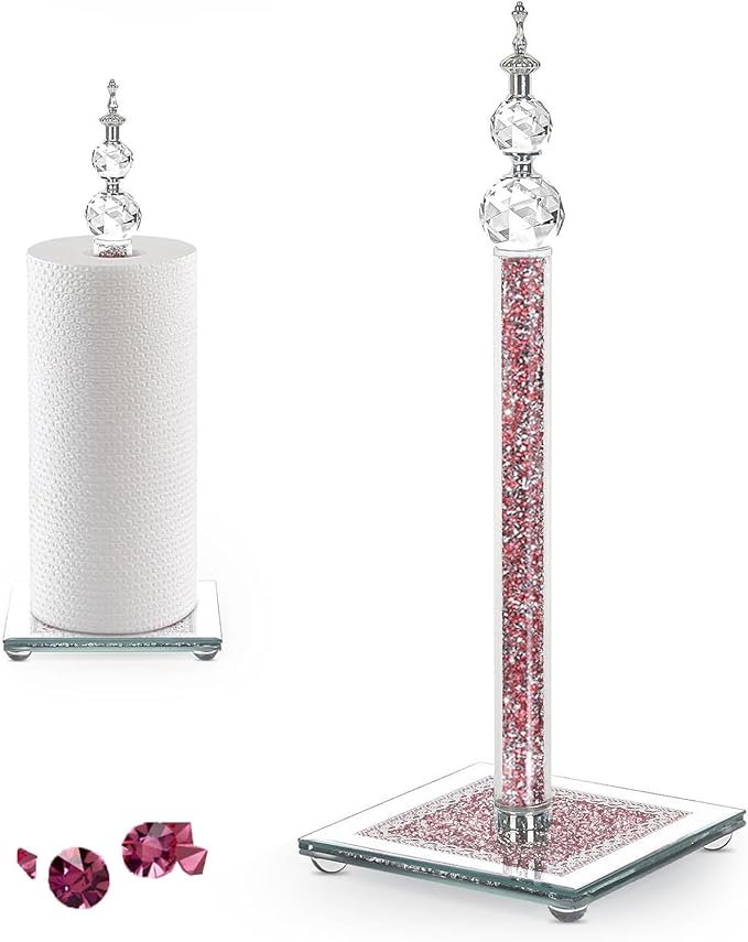 Crystal Paper Towel Holder, Bling Pink Paper Towel Roll Holder, Decorative Standing Paper Towel Holder for Kitchen Countertops Bathroom, Paper Towel Dispenser with Weighted Base (Square/Pink)