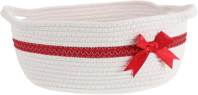 LOGOFUN Christmas Basket Empty with Bow Woven Cotton Rope Storage with Handles for Wedding Baby Showers Holiday Decor