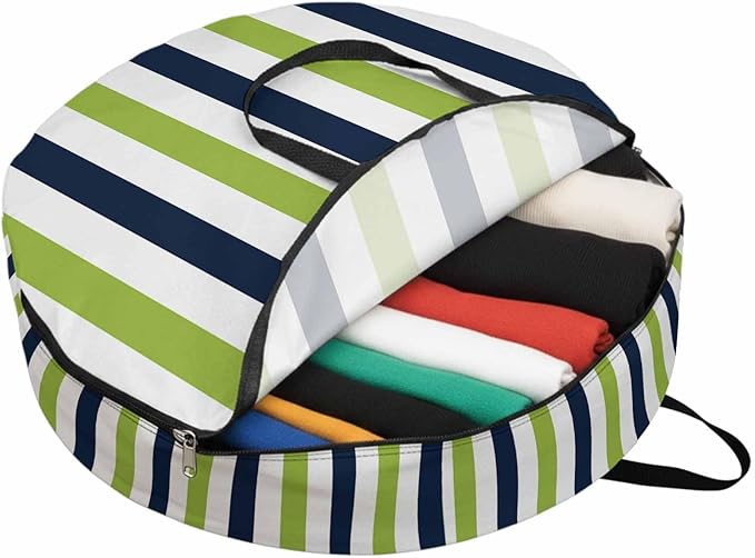 Storage Bag Navy Blue Green Stripes Round Storage Totes Bins Closet Organizers with Zippers & Handle Contrast Striped Clothes Storage Container for Bedroom Dorm Space Saving Packing Supplies Bags