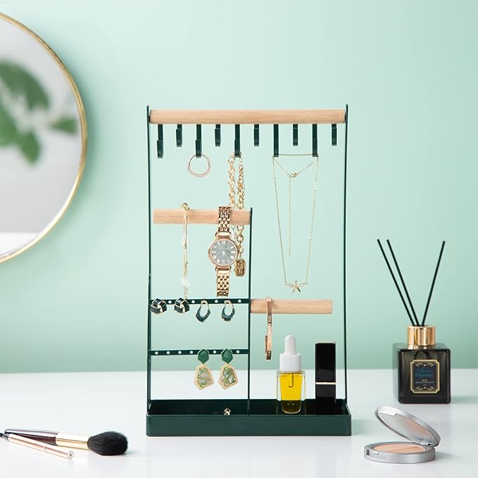ProCase Jewelry Stand Holder Organizer, 4-Tier Necklace Holder with Ring Tray, 10 Hooks Necklaces Hanging Small Jewelry Display Storage Tower Tree for Bracelets Earrings Watches -Medium, Green