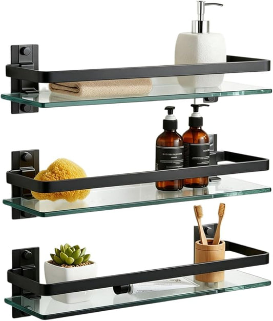 AIJALY 3 Pack Bathroom Glass Shelf,Aluminum Tempered Glass 0.3in Extra Thick Rectangular 1 Tier Storage Organizer Wall Mount,Black 15.7in