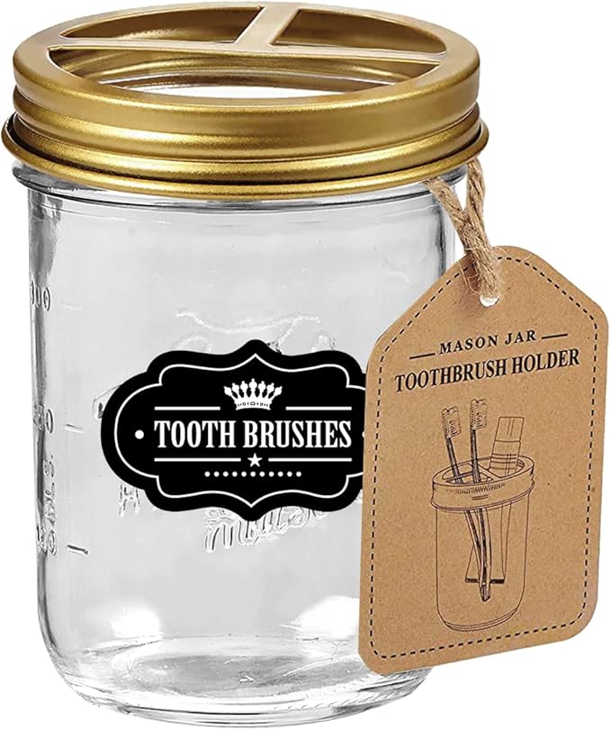 Mason Jar Toothbrush Holder - Golden - with 16 Ounce Mason Jar,Premium Rustproof 304 Stainless Steel Lid and Chalkboard Labels - Rustic Farmhouse Decor Bathroom Accessories/Golden