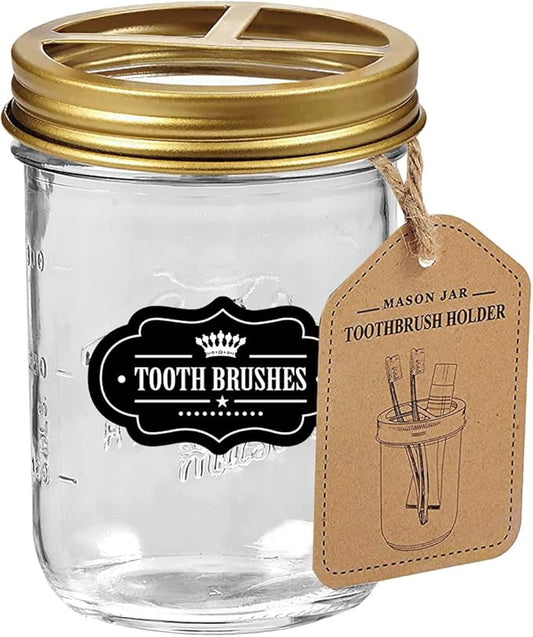 Mason Jar Toothbrush Holder - Golden - with 16 Ounce Mason Jar,Premium Rustproof 304 Stainless Steel Lid and Chalkboard Labels - Rustic Farmhouse Decor Bathroom Accessories/Golden