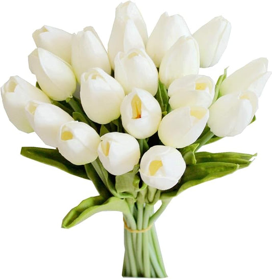 Mandy's White Artificial Tulips Flowers Centerpiece, 13.5" Lifelike PU Fake Floral Stems 20pcs for Kitchen Island & Dining Table, Spring Decor for Easter