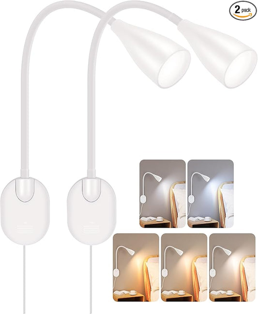 LiFMIRA Wall-Mounted LED Bedside Reading Light with USB Charging Port, 10-Level Dimmable & Adjustable 5 Color, Plug-in Adhesive Night Lamp for Books in Bed, Eye-Caring Bedroom Lighting (White 2 Pack)