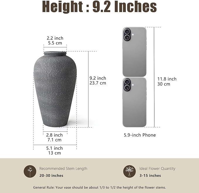 Black Ceramic Vase 9.2 inch, Large Farmhouse Table Vases, Tall Rustic Decorative Vases for Home Decor, Living Room Coffee Dining Shelf Mantel Decoration, Gray Black