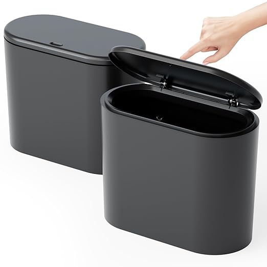 3.17 Gallon Thin Small Black Bathroom Trash Can with Lid,12L Small Pet/Dog Proof Slim Trashcan and Skinny Covered Trash Can,Plastic Covered Wastebasket,Garbage Can for Kitchen,Office,RV,Bedroom,2 Pack