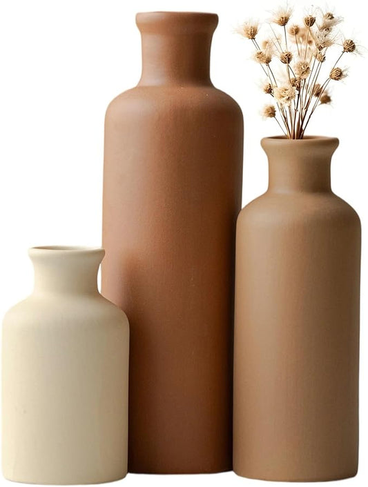 Modern Ceramic Vase Set of 3, Neutral Colors, Decorative Bottles for Home, Earth Tone Farmhouse Rustic Decor, Housewarming Gifts, Wedding Gifts, Birthday Gifts for Women(Coffee Mix)